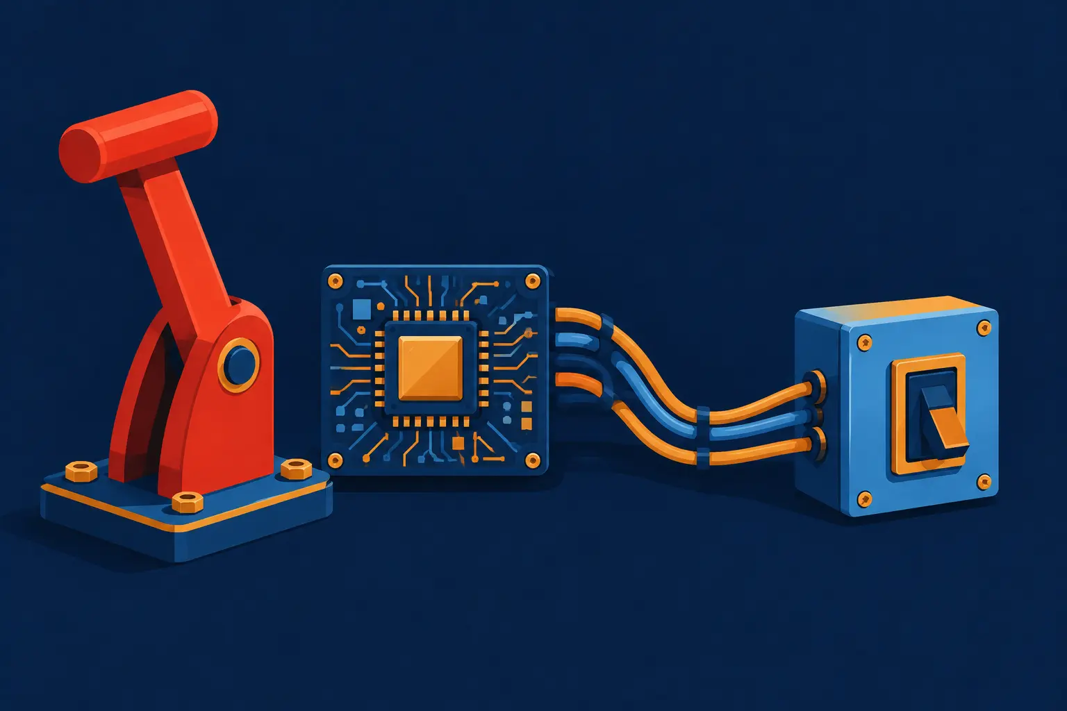 Ilustração de uma alavanca de freio de emergência vermelha instalada ao lado de um painel de circuitos que lembra um chip, com cabos saindo do chip para uma caixa de controles separada
