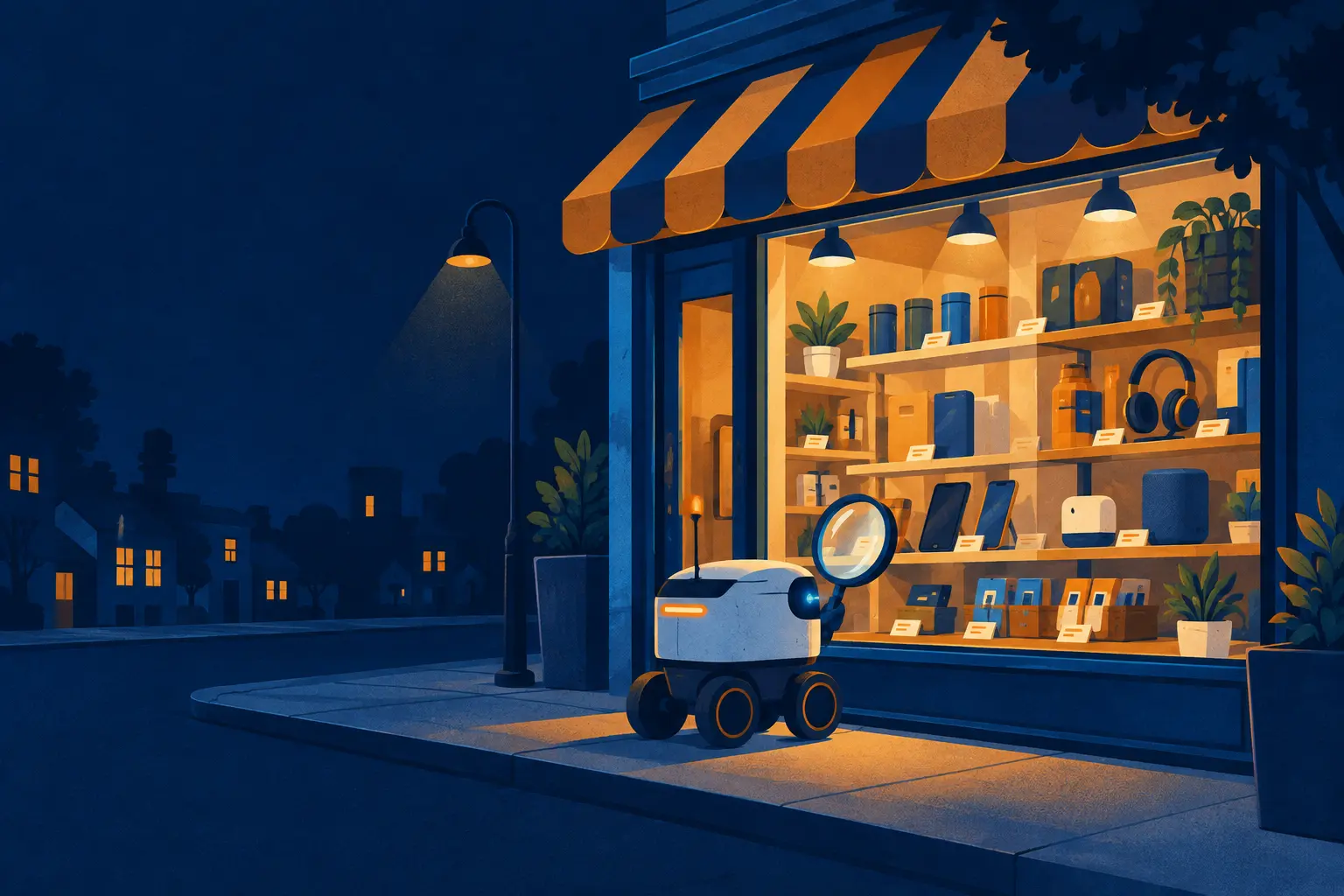Ilustração de uma pequena loja vista de fora, com a vitrine iluminada e um robô de entrega parado na calçada lendo as etiquetas dos produtos através do vidro