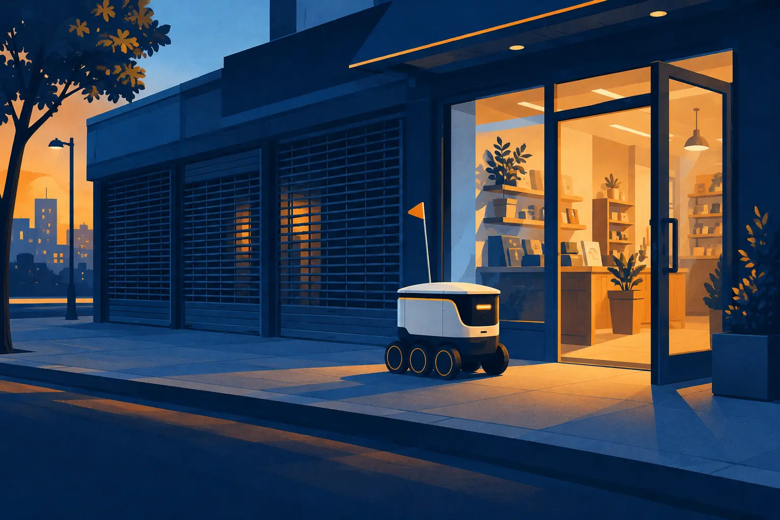 Ilustração de uma rua comercial ao entardecer com várias lojas de grade fechada e uma única loja de porta aberta e iluminada, com um pequeno robô de entregas parado na calçada