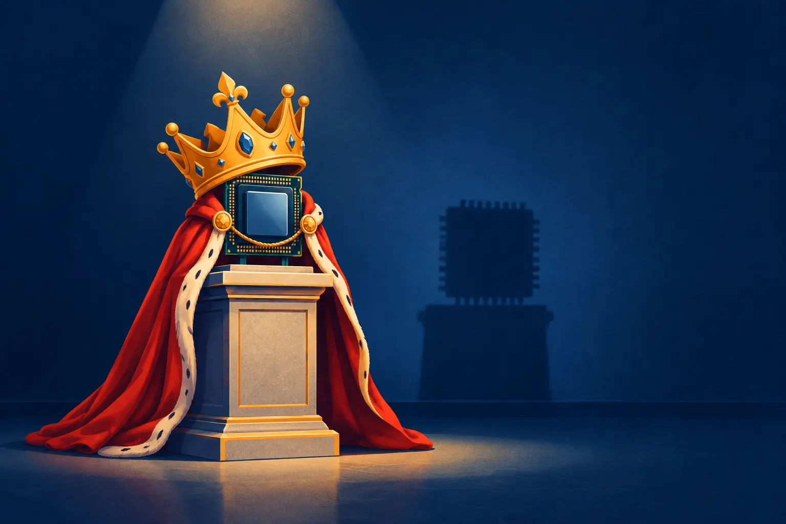 Ilustração de um chip de computador comum sobre um pedestal, com coroa dourada e capa de rei grandes demais, enquanto a sombra na parede mostra só o chip simples
